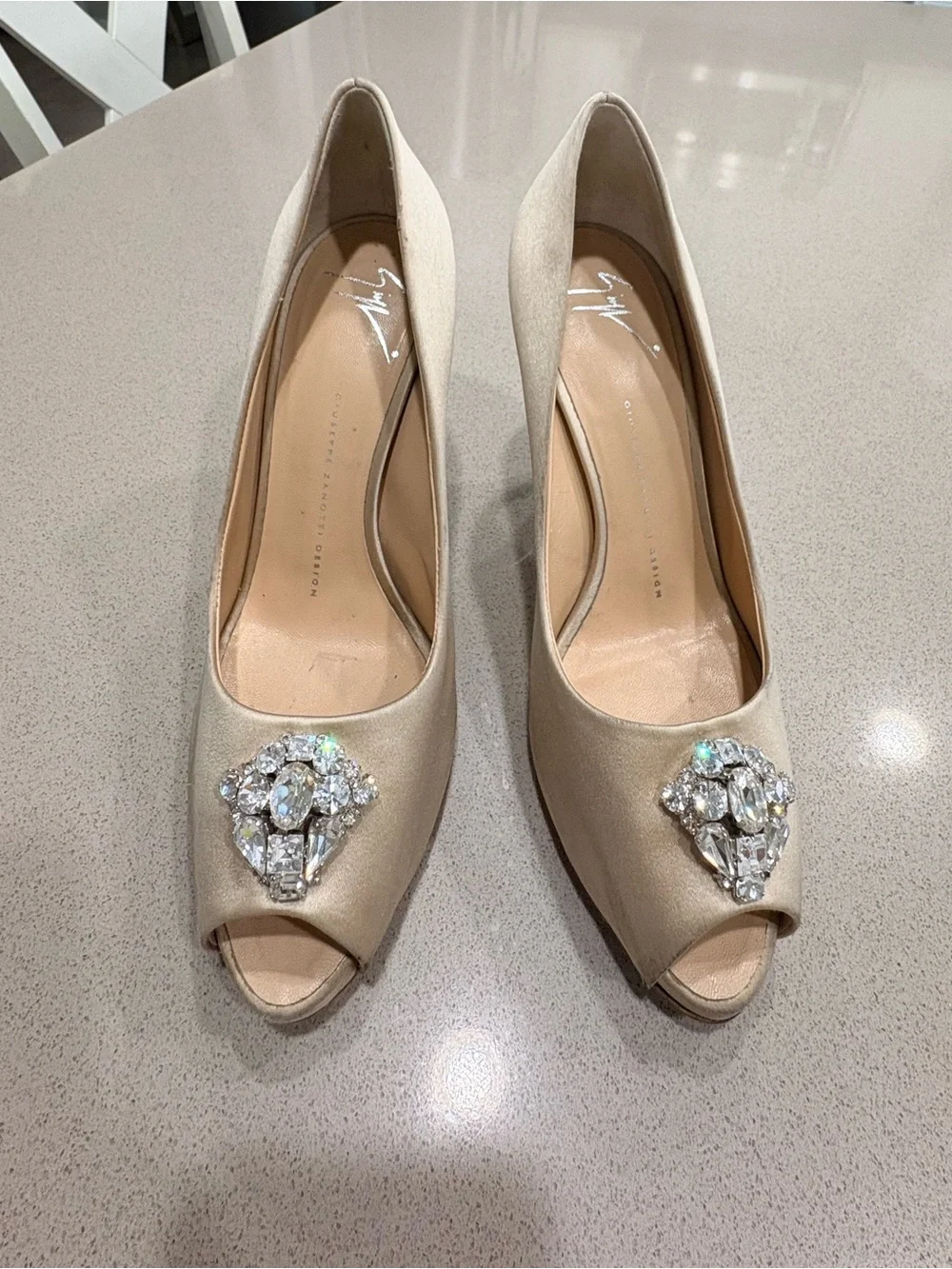 Giuseppe Zanotti beige satin peep toe pumps with Swarovski details